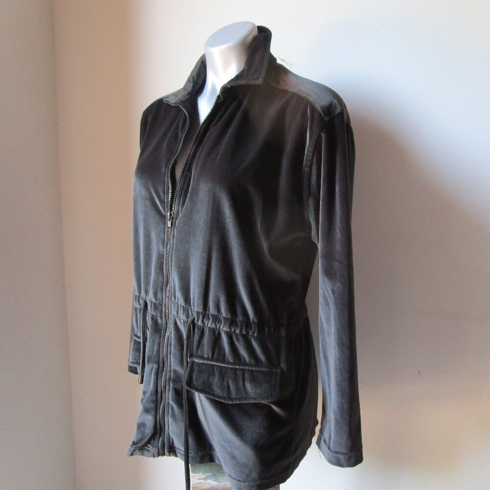 Dark brown crushed polyester velvet jacket with pockets and belt tie.